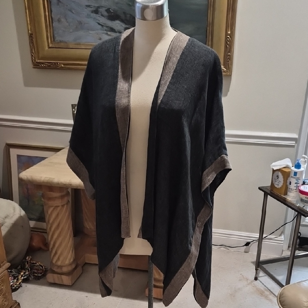 Eskandar Brown and Black Linen Open-Front Draped Cape or Wrap O/S